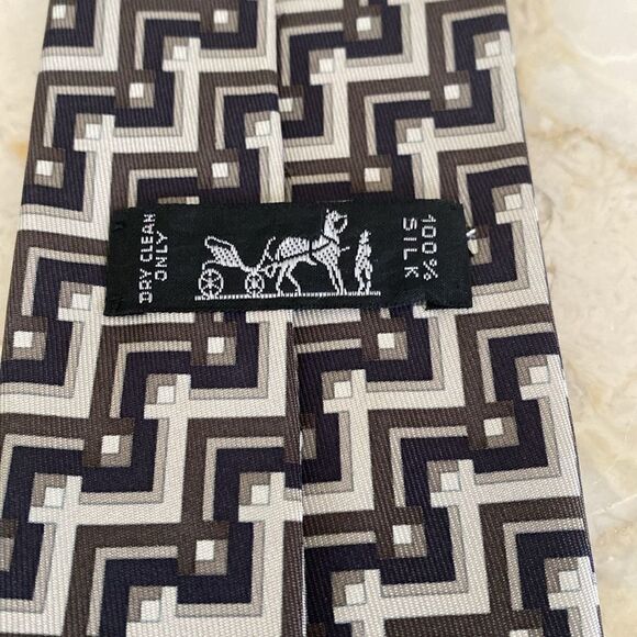 Hermes 100% Silk Geometric Pattern Blue/Grey/Brown - Picture 8 of 9